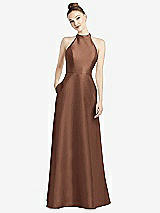 Rear View Thumbnail - Cognac High-Neck Cutout Satin Dress with Pockets
