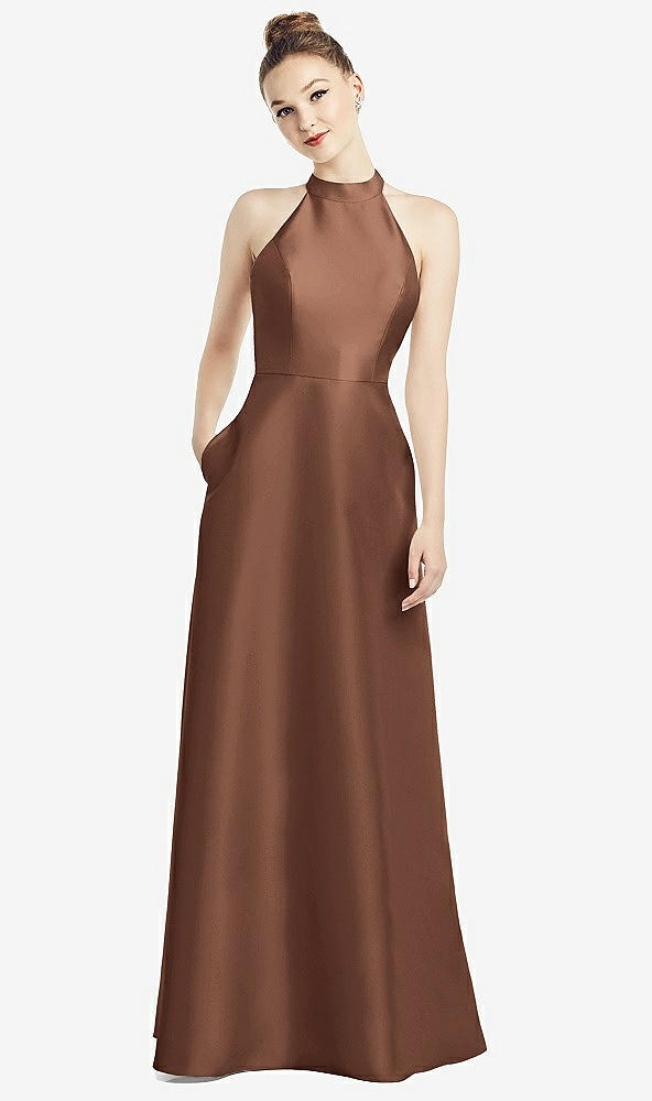 Back View - Cognac High-Neck Cutout Satin Dress with Pockets
