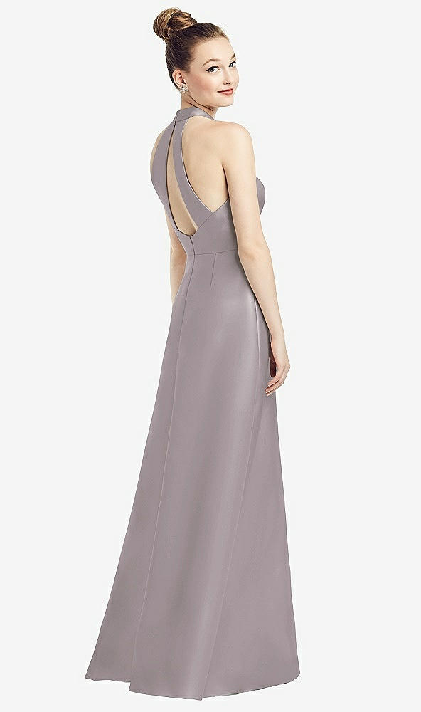 Front View - Cashmere Gray High-Neck Cutout Satin Dress with Pockets