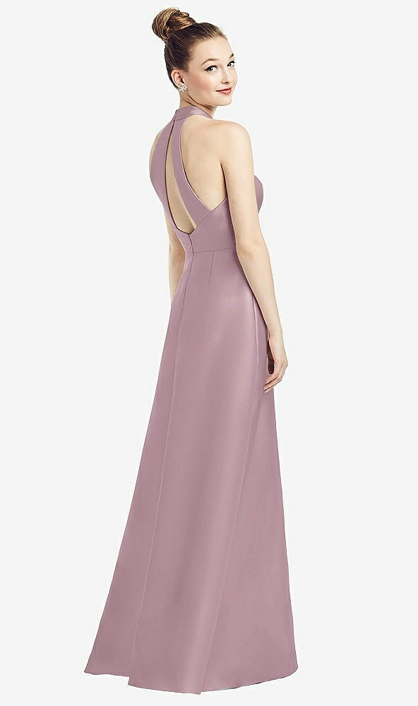 Front View - Dusty Rose High-Neck Cutout Satin Dress with Pockets