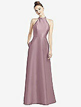 Rear View Thumbnail - Dusty Rose High-Neck Cutout Satin Dress with Pockets