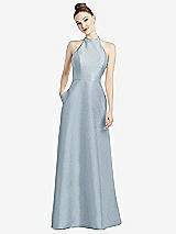 Rear View Thumbnail - Mist High-Neck Cutout Satin Dress with Pockets