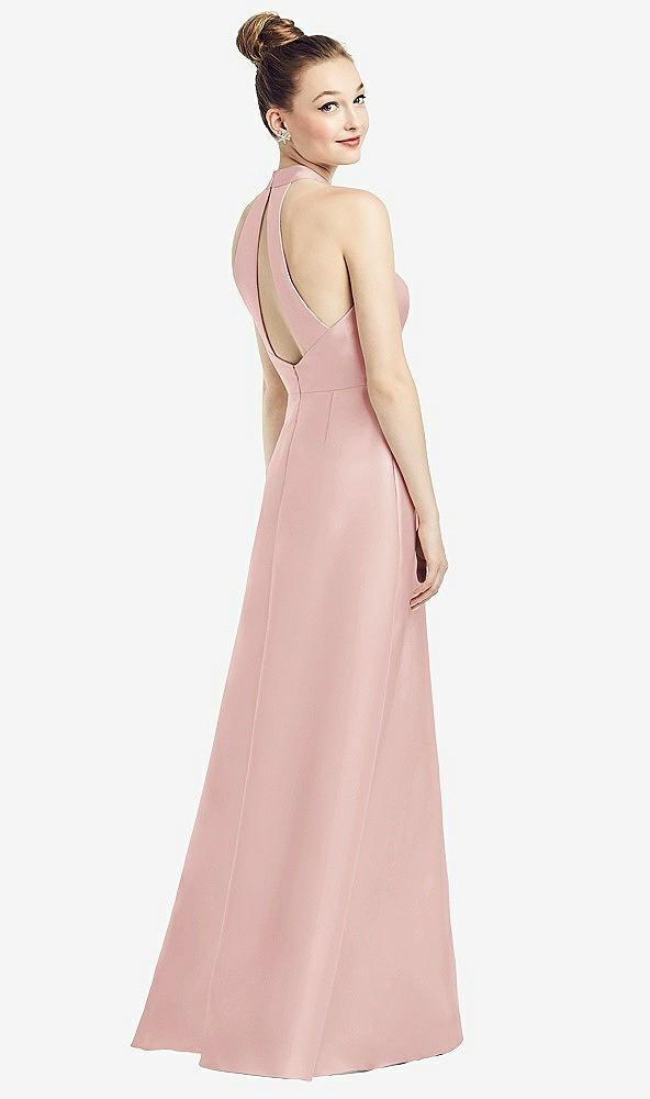 Front View - Rose High-Neck Cutout Satin Dress with Pockets