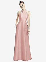 Rear View Thumbnail - Rose High-Neck Cutout Satin Dress with Pockets