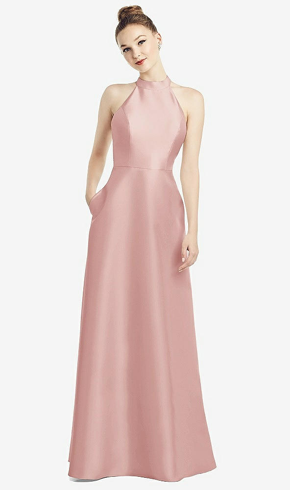 Back View - Rose High-Neck Cutout Satin Dress with Pockets