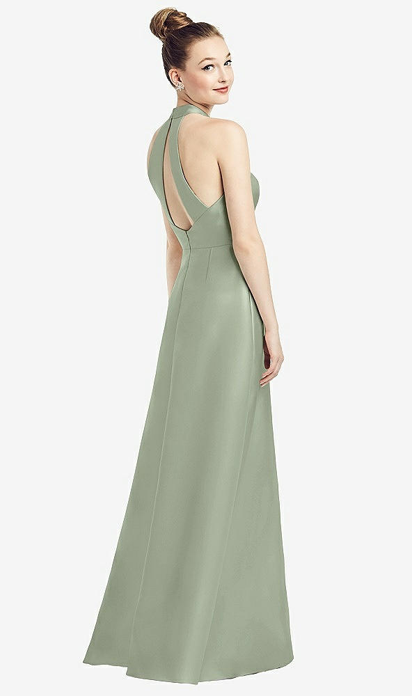 Front View - Sage High-Neck Cutout Satin Dress with Pockets