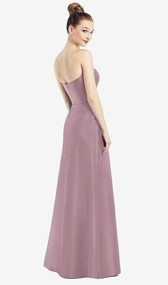 Back View - Dusty Rose Strapless Notch Satin Gown with Pockets