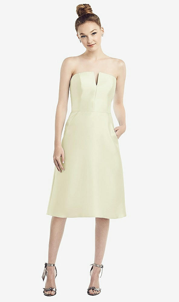 Front View - Butter Yellow Strapless Notch Satin Cocktail Dress with Pockets