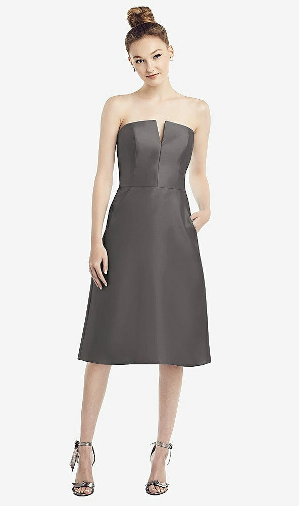 Front View - Caviar Gray Strapless Notch Satin Cocktail Dress with Pockets