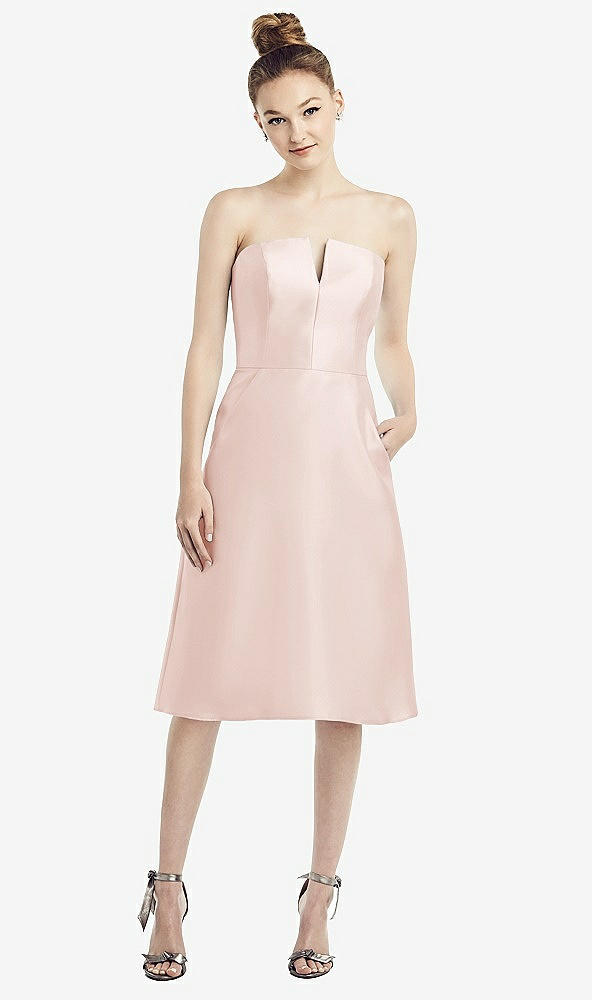 Front View - Blush Strapless Notch Satin Cocktail Dress with Pockets