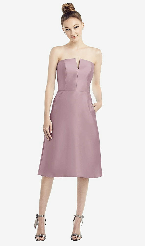 Front View - Dusty Rose Strapless Notch Satin Cocktail Dress with Pockets