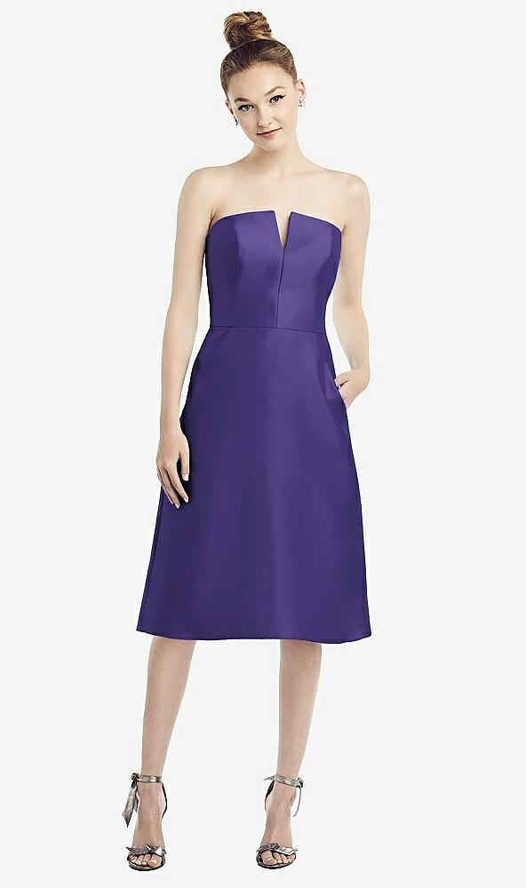 Front View - Grape Strapless Notch Satin Cocktail Dress with Pockets