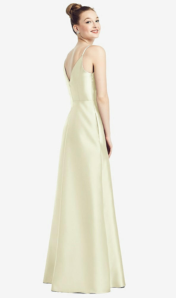 Back View - Butter Yellow Draped Wrap Satin Maxi Dress with Pockets