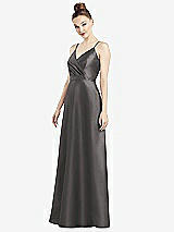 Front View Thumbnail - Caviar Gray Draped Wrap Satin Maxi Dress with Pockets