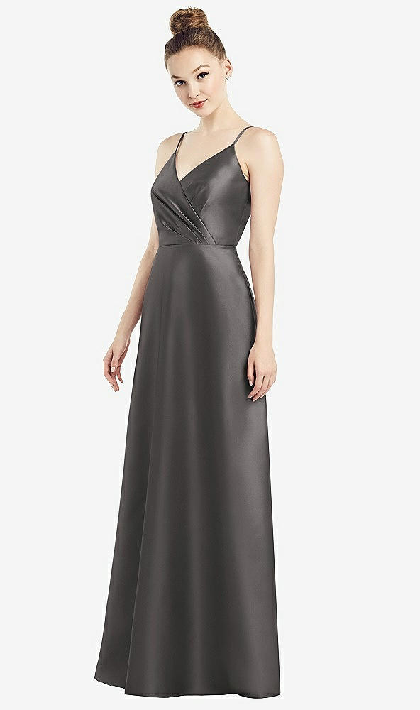 Front View - Caviar Gray Draped Wrap Satin Maxi Dress with Pockets
