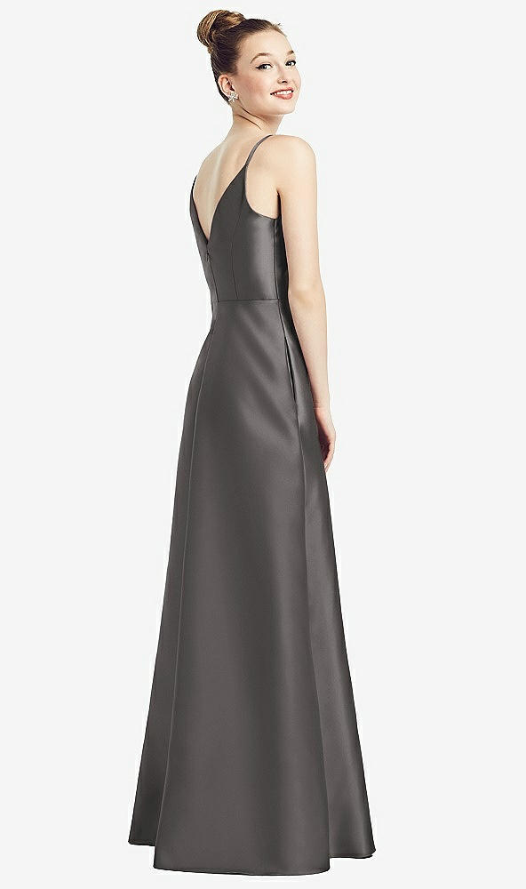 Back View - Caviar Gray Draped Wrap Satin Maxi Dress with Pockets