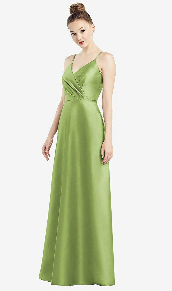 Front View - Mojito Draped Wrap Satin Maxi Dress with Pockets