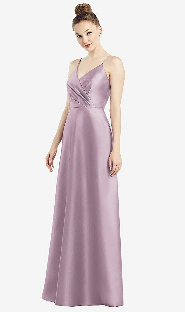 Front View - Suede Rose Draped Wrap Satin Maxi Dress with Pockets