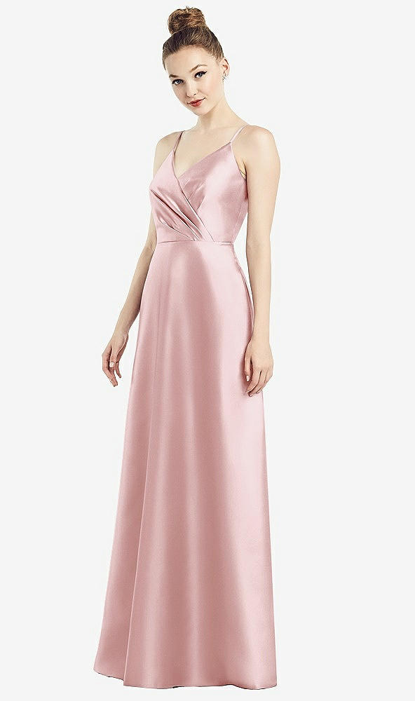Front View - Ballet Pink Draped Wrap Satin Maxi Dress with Pockets