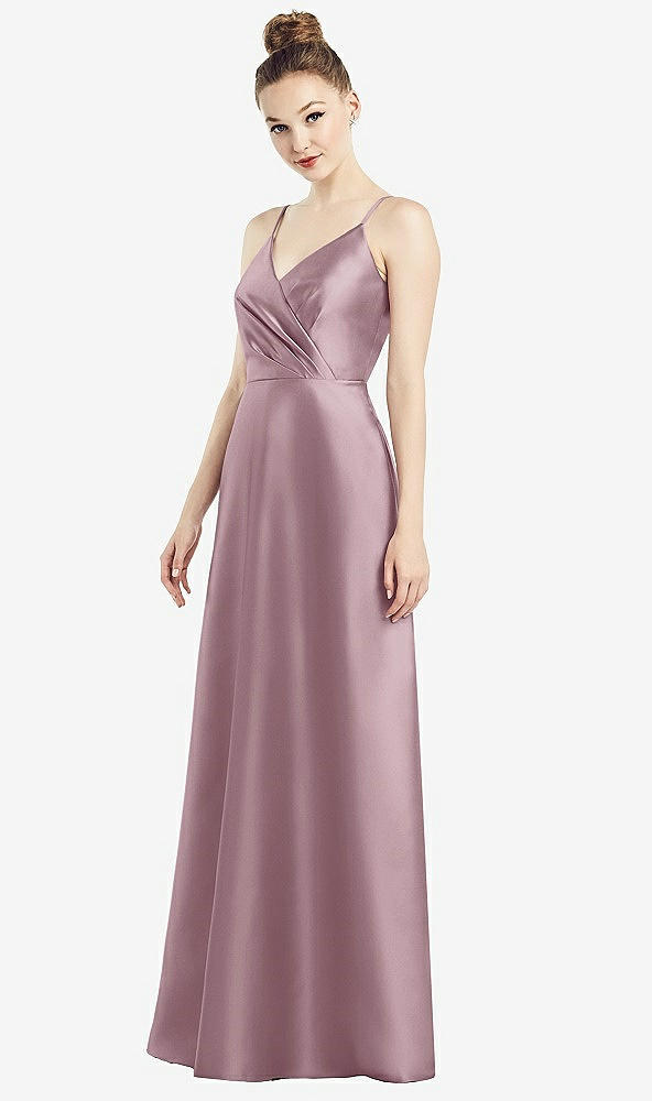 Front View - Dusty Rose Draped Wrap Satin Maxi Dress with Pockets