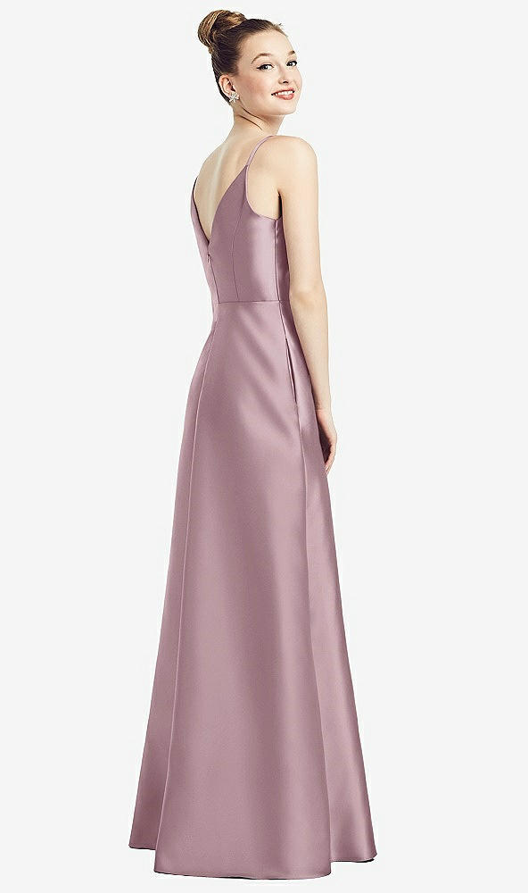 Back View - Dusty Rose Draped Wrap Satin Maxi Dress with Pockets