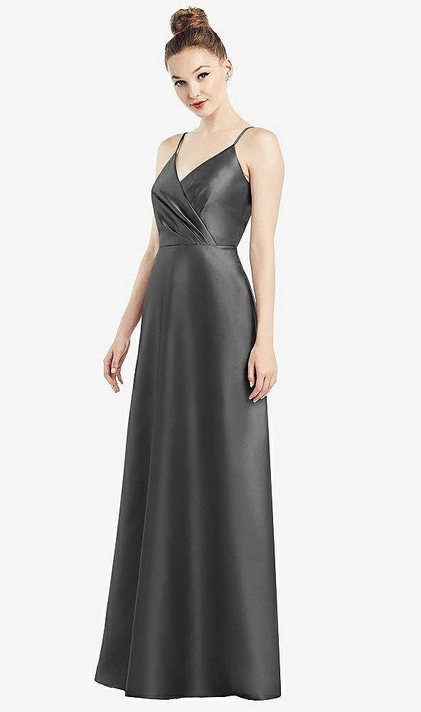 Front View - Gunmetal Draped Wrap Satin Maxi Dress with Pockets