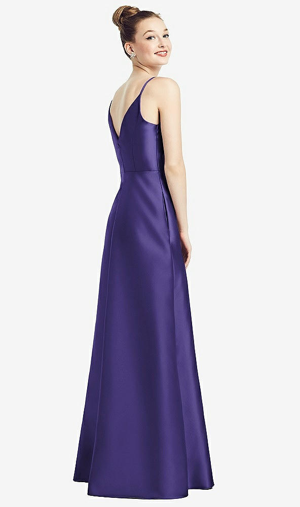 Back View - Grape Draped Wrap Satin Maxi Dress with Pockets