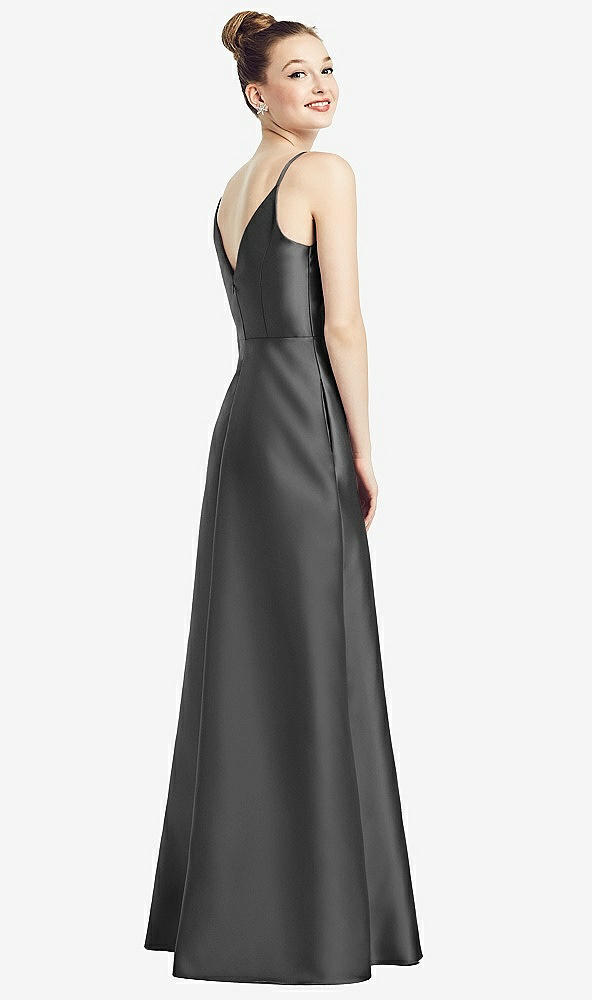Back View - Pewter Draped Wrap Satin Maxi Dress with Pockets