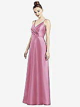 Front View Thumbnail - Powder Pink Draped Wrap Satin Maxi Dress with Pockets