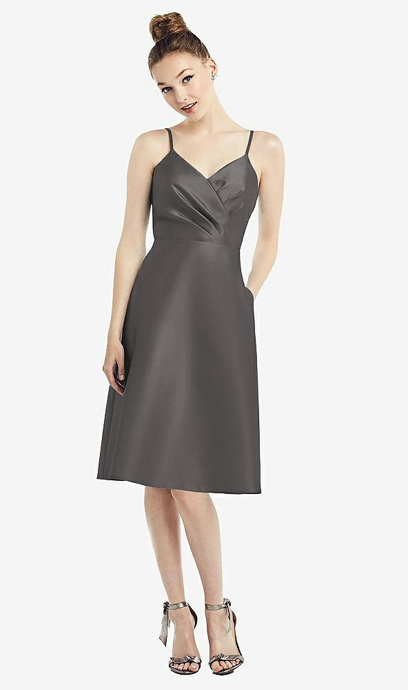 Front View - Caviar Gray Draped Faux Wrap Cocktail Dress with Pockets