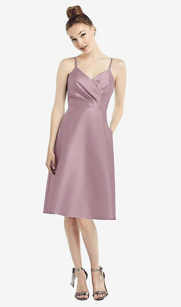 Front View - Dusty Rose Draped Faux Wrap Cocktail Dress with Pockets