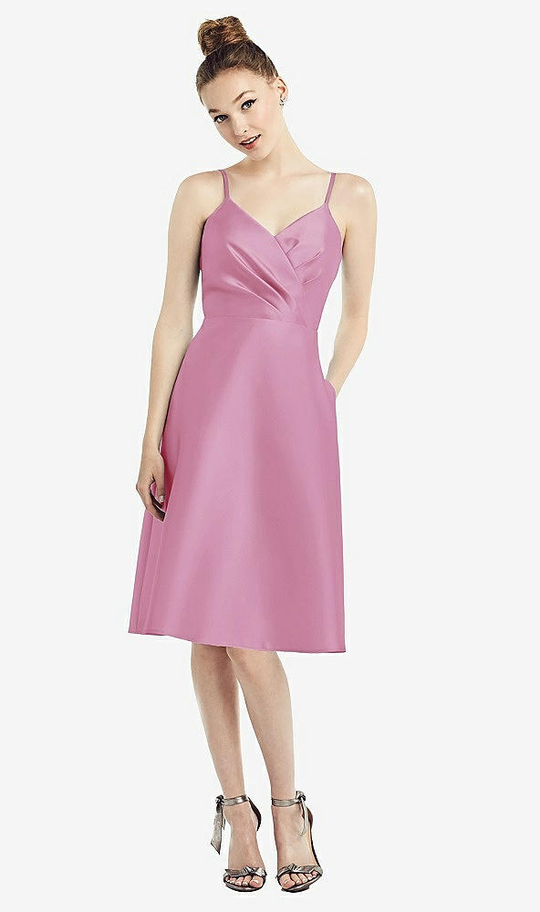 Front View - Powder Pink Draped Faux Wrap Cocktail Dress with Pockets
