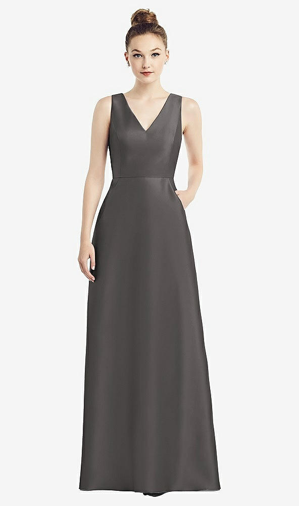 Front View - Caviar Gray Sleeveless V-Neck Satin Dress with Pockets