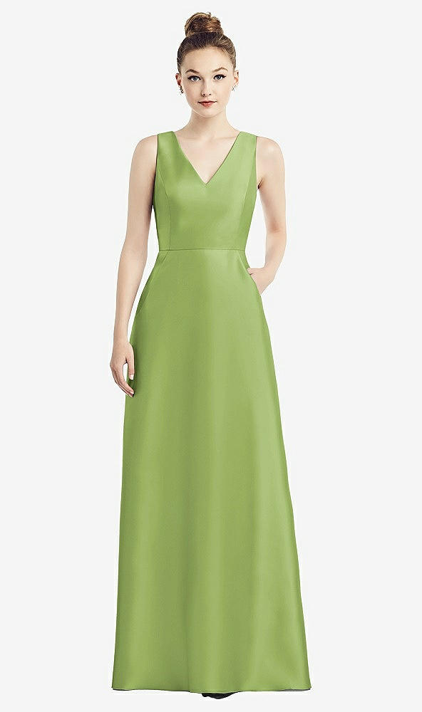 Front View - Mojito Sleeveless V-Neck Satin Dress with Pockets