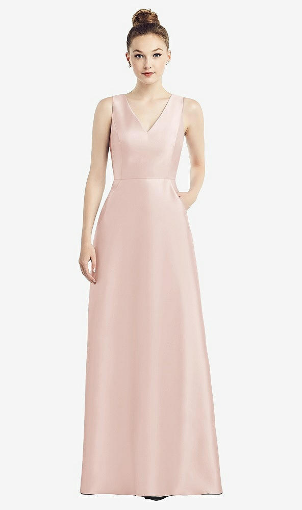 Front View - Blush Sleeveless V-Neck Satin Dress with Pockets
