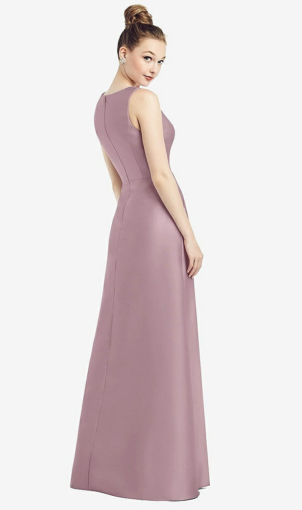 Back View - Dusty Rose Sleeveless V-Neck Satin Dress with Pockets