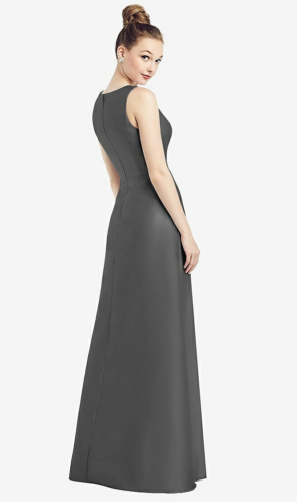 Back View - Gunmetal Sleeveless V-Neck Satin Dress with Pockets
