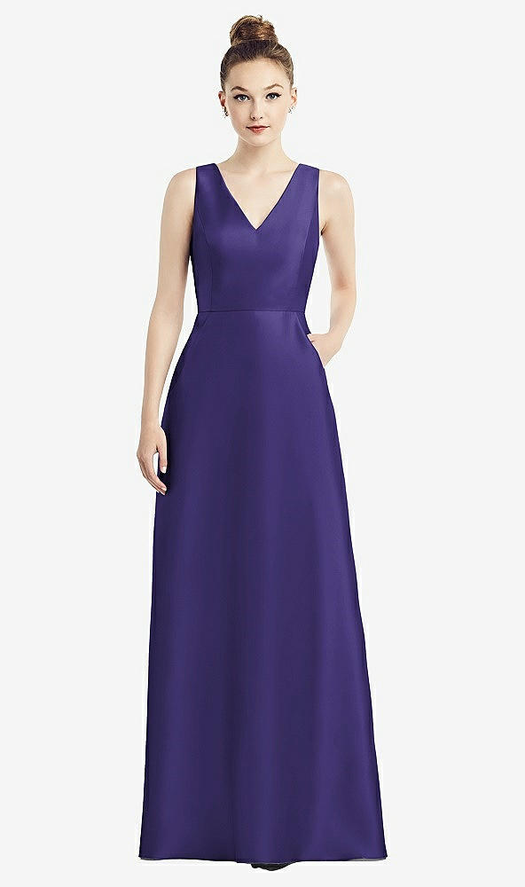 Front View - Grape Sleeveless V-Neck Satin Dress with Pockets