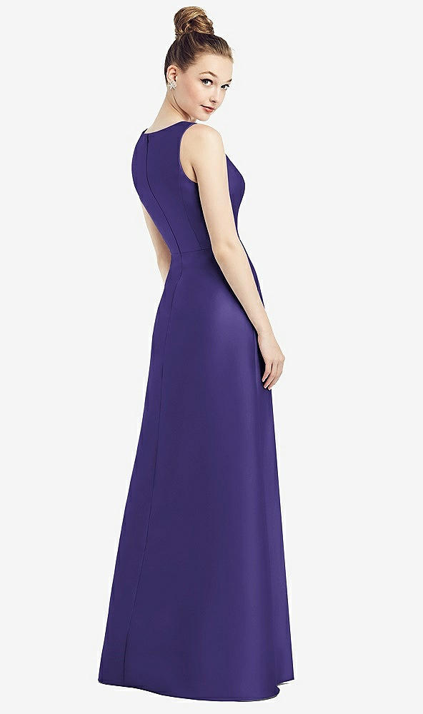 Back View - Grape Sleeveless V-Neck Satin Dress with Pockets