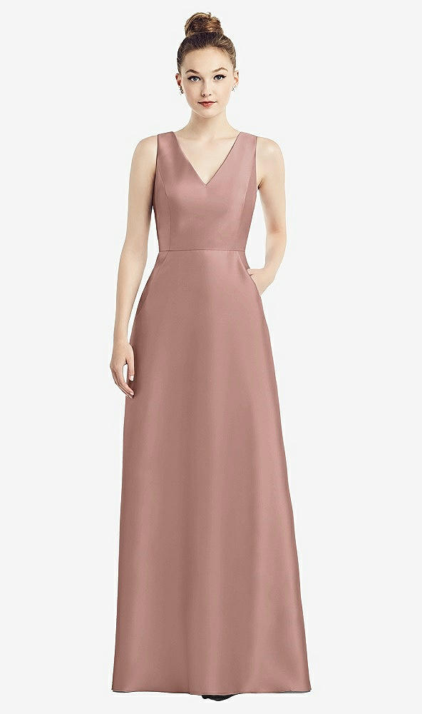Front View - Neu Nude Sleeveless V-Neck Satin Dress with Pockets