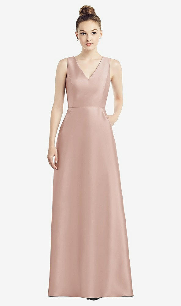 Front View - Toasted Sugar Sleeveless V-Neck Satin Dress with Pockets