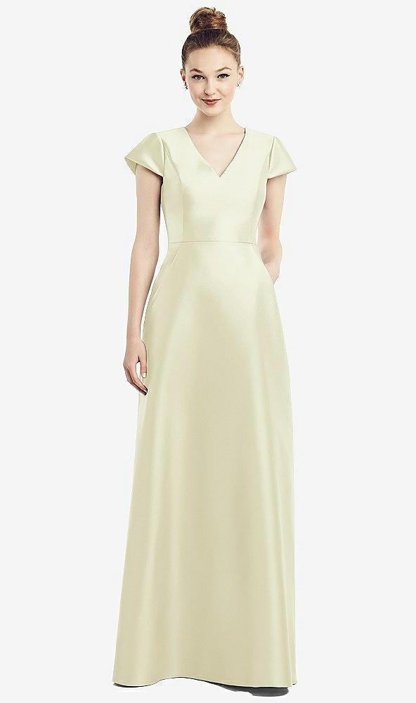 Front View - Butter Yellow Cap Sleeve V-Neck Satin Gown with Pockets