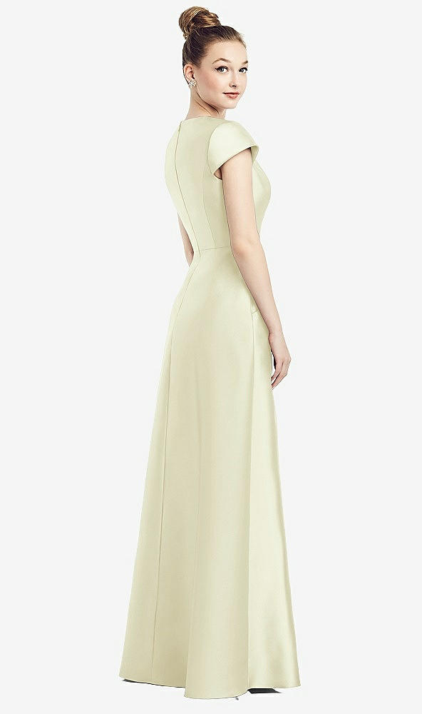 Back View - Butter Yellow Cap Sleeve V-Neck Satin Gown with Pockets