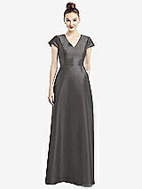 Front View Thumbnail - Caviar Gray Cap Sleeve V-Neck Satin Gown with Pockets