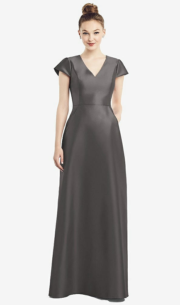 Front View - Caviar Gray Cap Sleeve V-Neck Satin Gown with Pockets