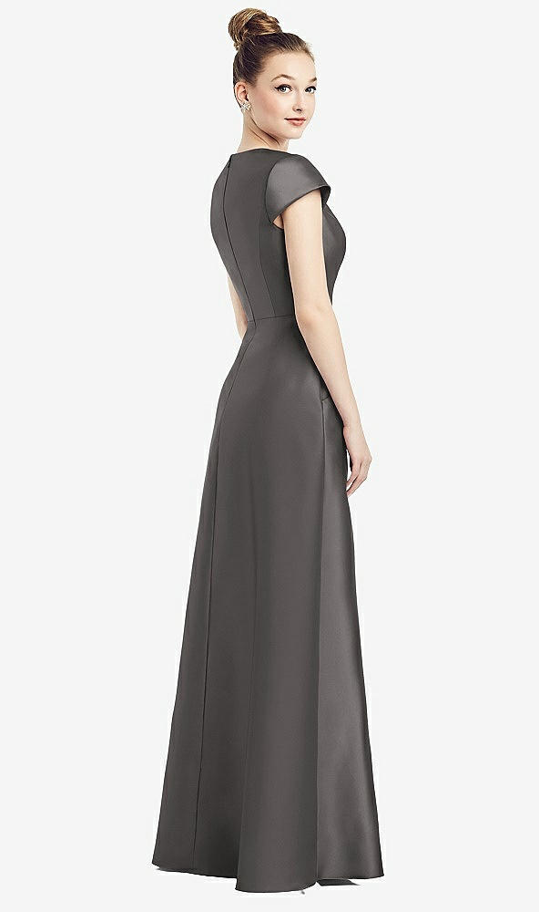Back View - Caviar Gray Cap Sleeve V-Neck Satin Gown with Pockets