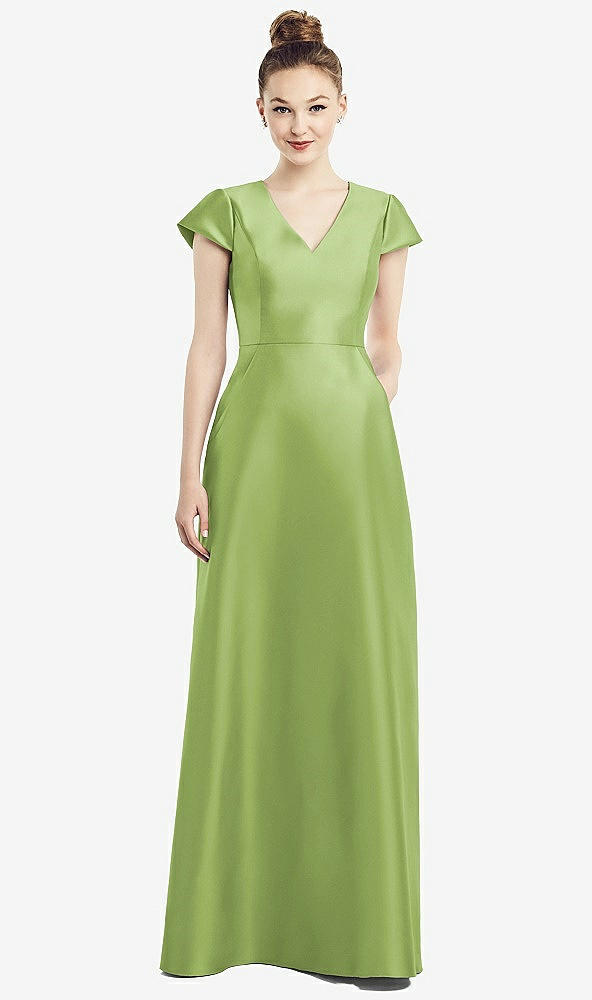 Front View - Mojito Cap Sleeve V-Neck Satin Gown with Pockets