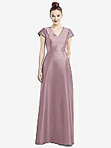 Front View Thumbnail - Dusty Rose Cap Sleeve V-Neck Satin Gown with Pockets