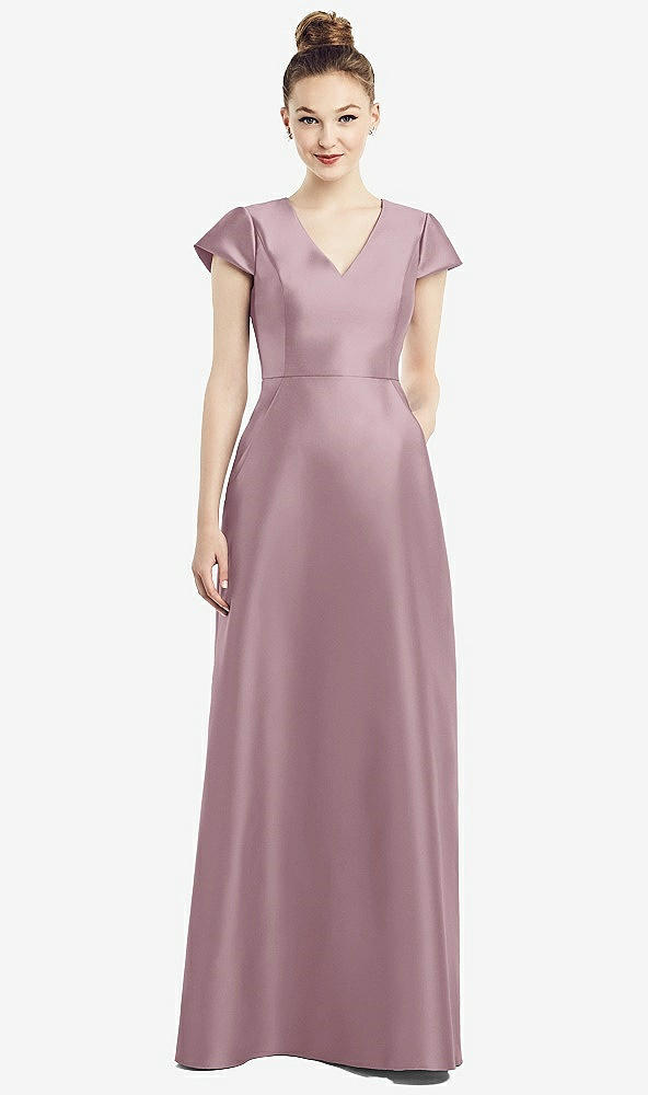 Front View - Dusty Rose Cap Sleeve V-Neck Satin Gown with Pockets