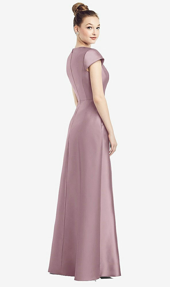 Back View - Dusty Rose Cap Sleeve V-Neck Satin Gown with Pockets